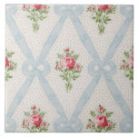 Pink Victorian Roses w/Blue Ribbon Lattice Tile<br><div class="desc">Pretty Victorian pink rose bouquets with diagonal lattice of pale blue ribbons and bows on soft eggshell background with subtle grey dots. Design is seamless and scalable.</div>