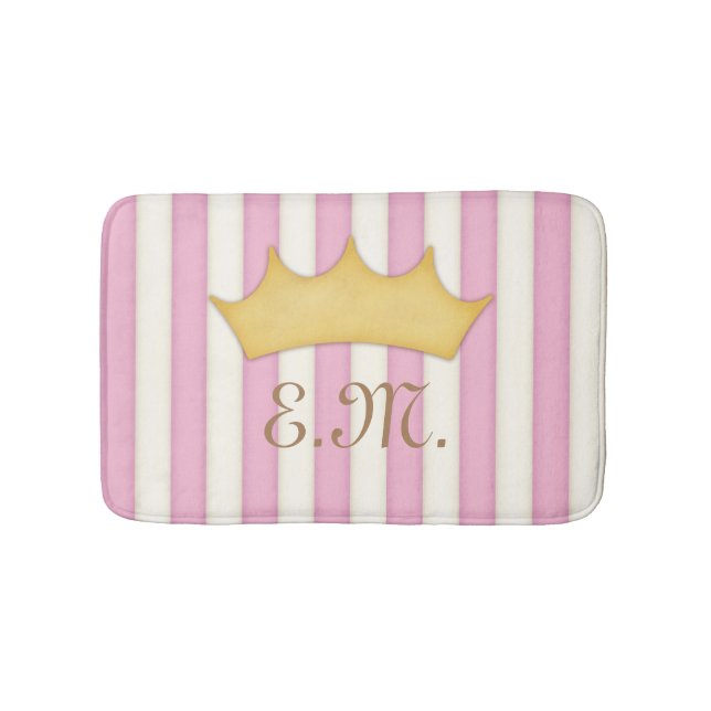 Pink Victorian Stripes Crowned Monogram Princess Bath Mat (Front)