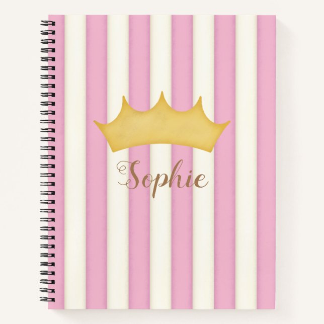 Pink Victorian Stripes Crowned Monogram Princess Notebook (Front)