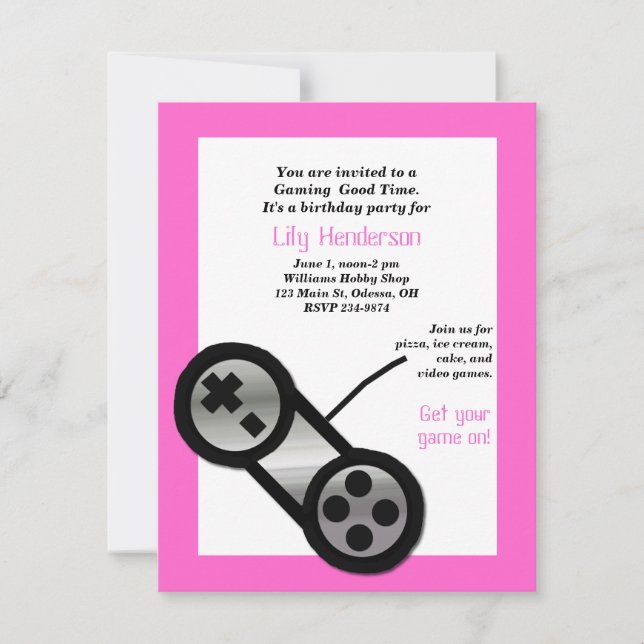 Pink Video Gaming Party Invitation (Front)