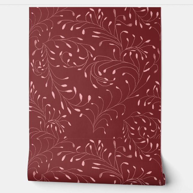 Pink Vines and Swirls on Red  Wallpaper (Unrolling)
