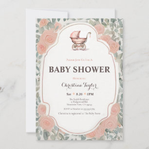 Pink Vintage Antique Rose Stroller Baby Shower Invitation