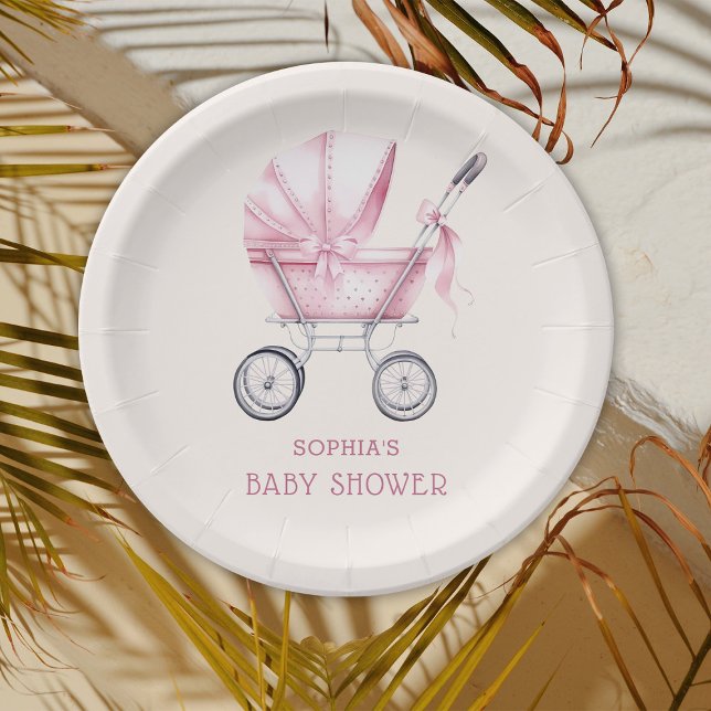 Pink Vintage Baby Carriage Baby Shower Paper Plate (Creator Uploaded)
