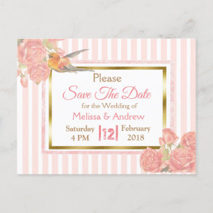 PInk Vintage Bird Floral Wedding Save the Date Announcement Postcard