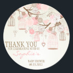 Pink Vintage Birdcages Floral Baby Shower Sticker<br><div class="desc">Pink Vintage Birdcages Floral Baby Shower Sticker An illustration of vintage birdcages,  birds,  hearts on strings and flowers. A perfect thank you sticker for a vintage,  romantic and floral themed party.</div>