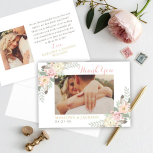 Pink Vintage Boho Floral Wedding Photo Thank You Card