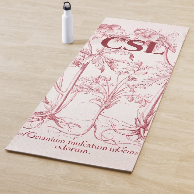 Pink Vintage Botanical Art Monogram Yoga Mat (In Situ)