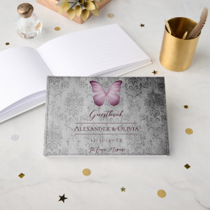 Pink Vintage Butterfly Damask Wedding Guest Book