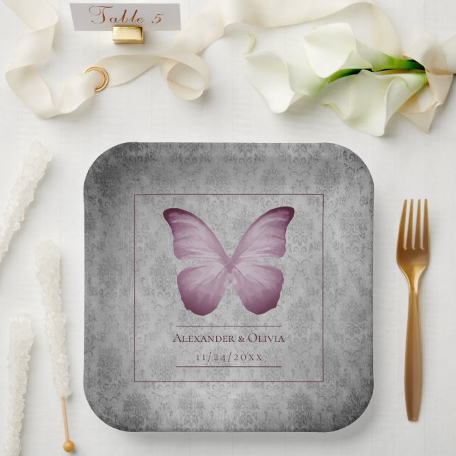 Pink Vintage Butterfly Damask Wedding Paper Plate (Wedding)