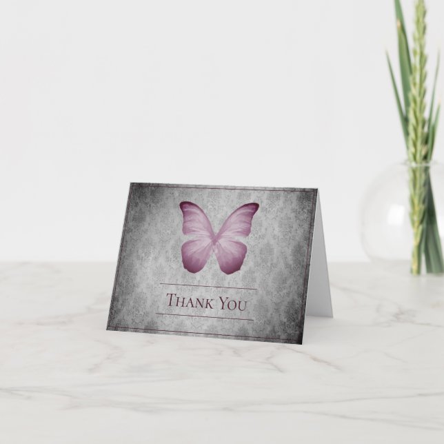 Pink Vintage Butterfly Damask Wedding Thank You Card (Front)