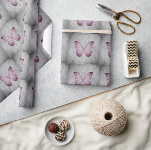 Pink Vintage Butterfly Damask Wrapping Paper