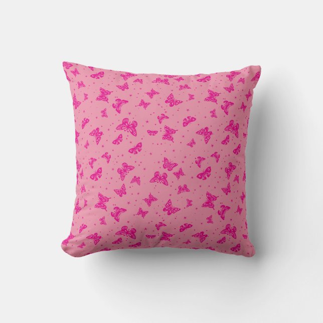 Pink vintage butterfly motif pattern throw pillow (Front)