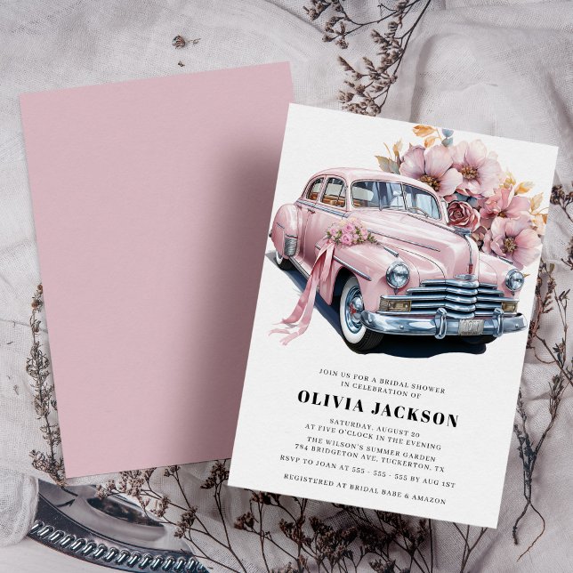 Pink Vintage Car Modern Bridal Shower Invitation (Creator Uploaded)