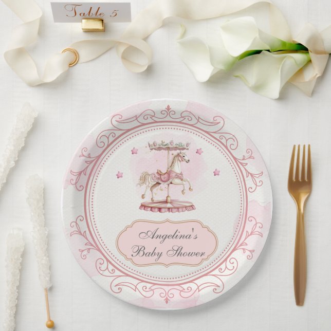 Pink Vintage Carousel- Baby Shower Large Plate (Wedding)