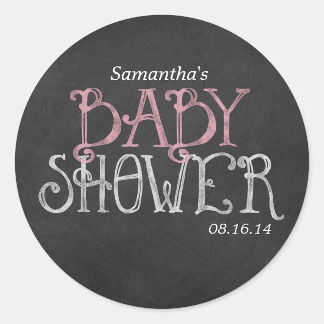 Pink Vintage Chalkboard Baby Shower Classic Round Sticker (Front)