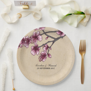 Pink Vintage Cherry Blossoms Paper Plates