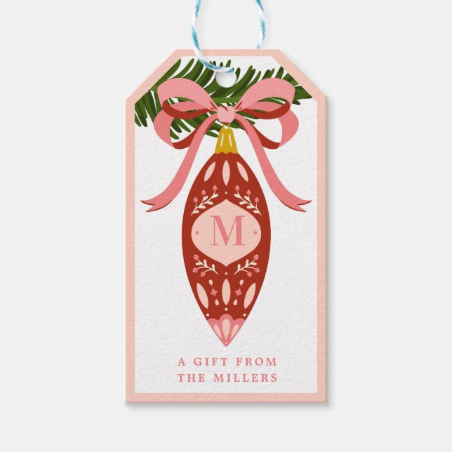 Pink Vintage Christmas Ornament Monogram Gift Tag (Front)