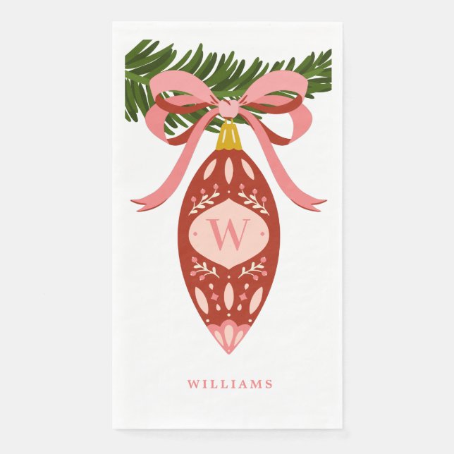 Pink Vintage Christmas Ornament Monogram  Napkin (Front)