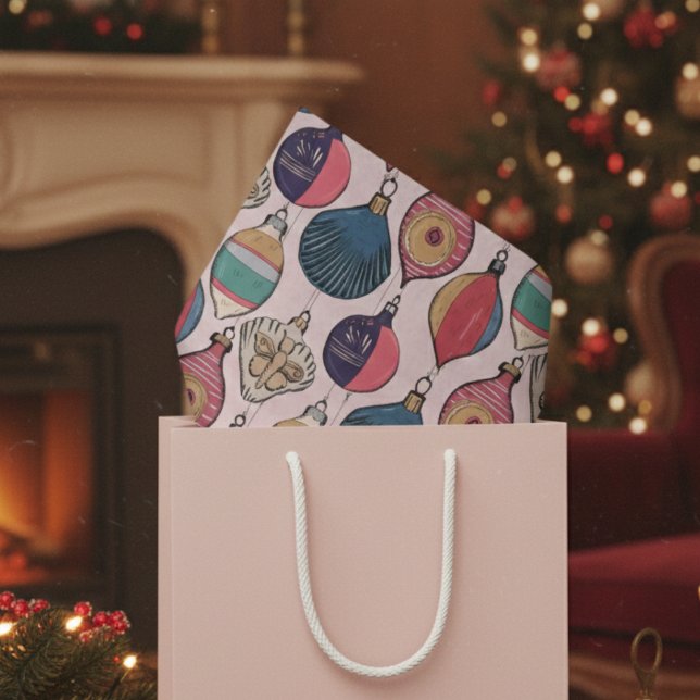 Pink Vintage Christmas Ornaments Pattern Tissue Paper (Retro Blush Pink Vintage Xmas Ornaments Tissue Paper. Red & Gold Old Fashioned Christmas Pattern)