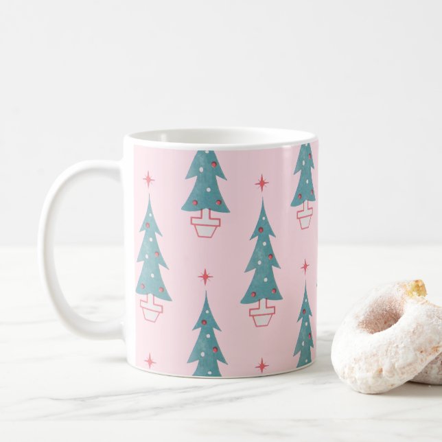 Pink Vintage Christmas Tree Christmas Pattern Coffee Mug (With Donut)