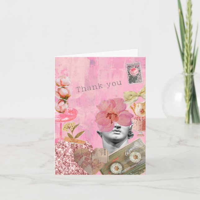 Pink Vintage Collage Thank You Card (Front)