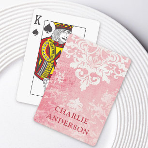 Pink vintage damask floral custom name playing cards