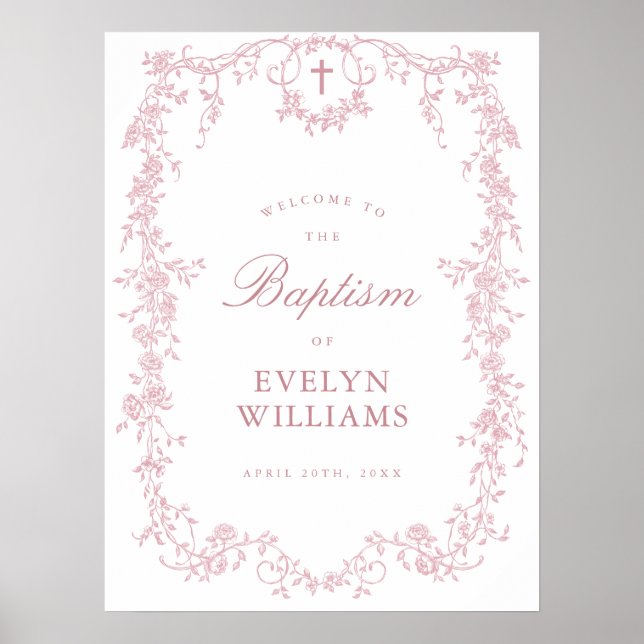 Pink Vintage Elegant Floral Baptism Welcome Poster (Devant)