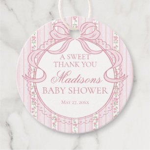 Pink Vintage Fancy Floral Baby Shower Circle Favour Tags