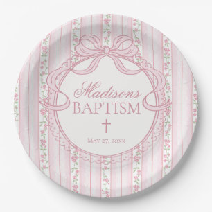 Pink Vintage Fancy Floral Baptism Paper Plate