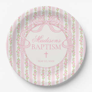 Pink Vintage Fancy Floral Baptism Paper Plate