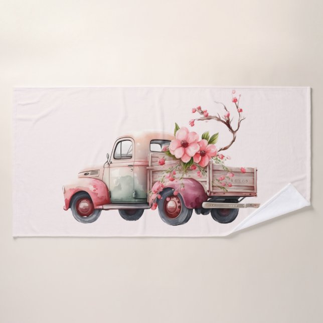 Pink Vintage Farmer's Truck Bath Towel Set (Bath Towel)