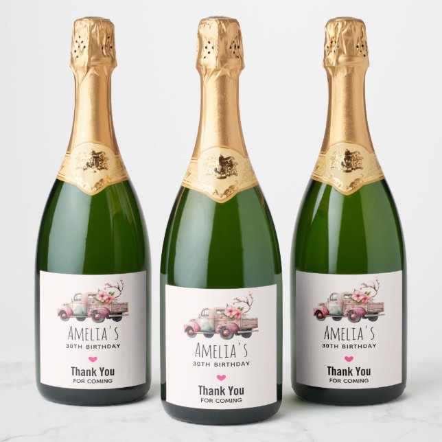 Pink Vintage Farmer's Truck Birthday Sparkling Wine Label (Bottles)