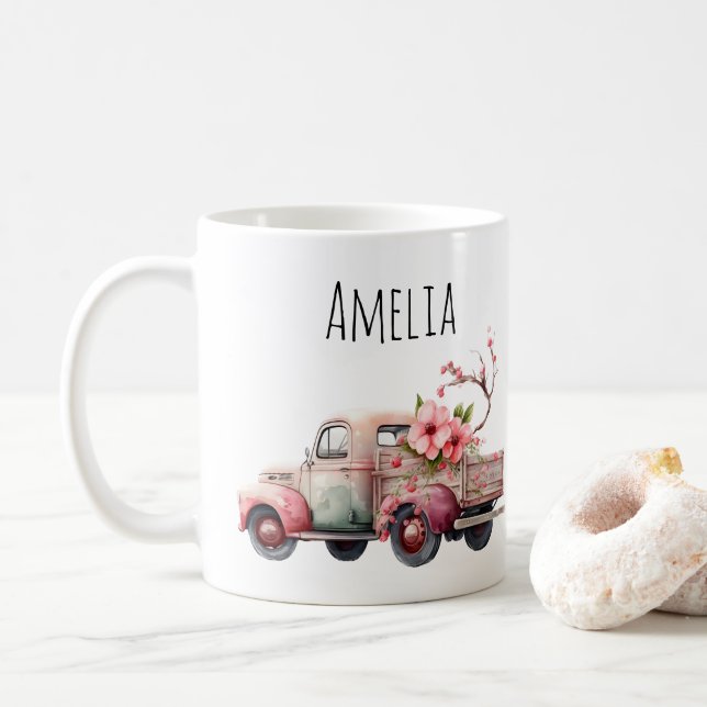 Pink Vintage Farmer's Truck Coffee Mug (With Donut)