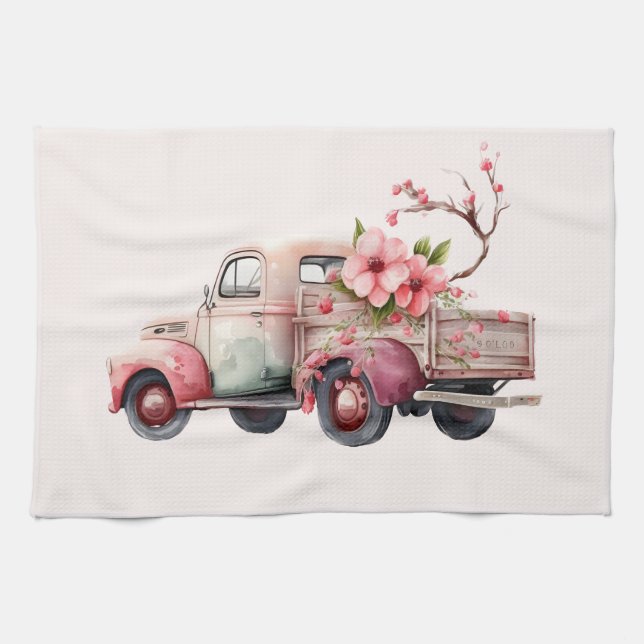 Pink Vintage Farmer's Truck Kitchen Towel (Horizontal)