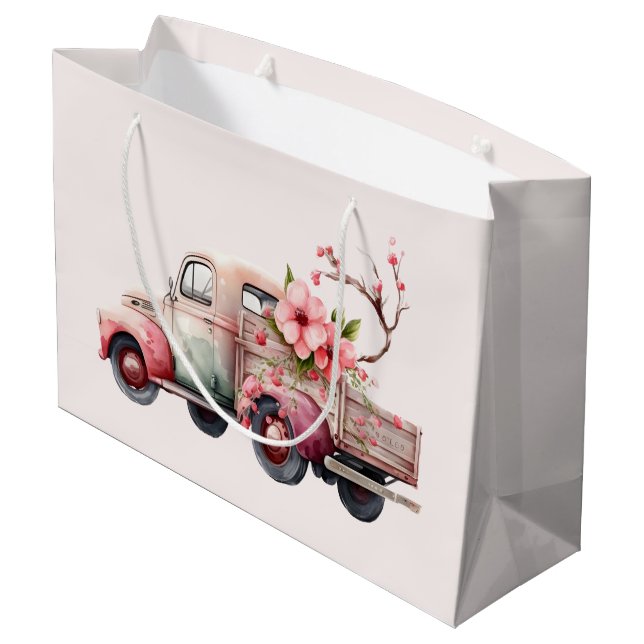 Pink Vintage Farmer's Truck Large Gift Bag (Back Angled)