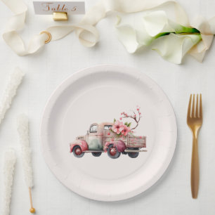Pink Vintage Farmer's Truck Paper Plate