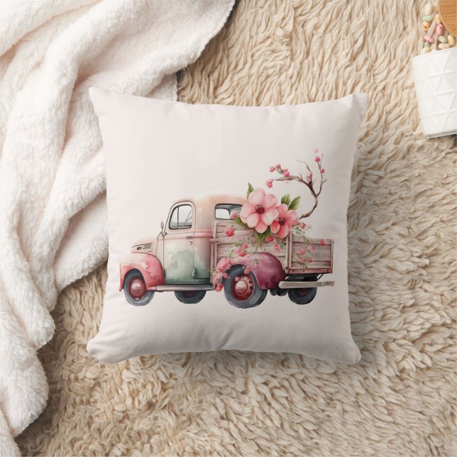 Pink Vintage Farmer's Truck Throw Pillow (Blanket)