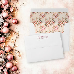 Pink Vintage Floral Christmas Lined Return Address Envelope