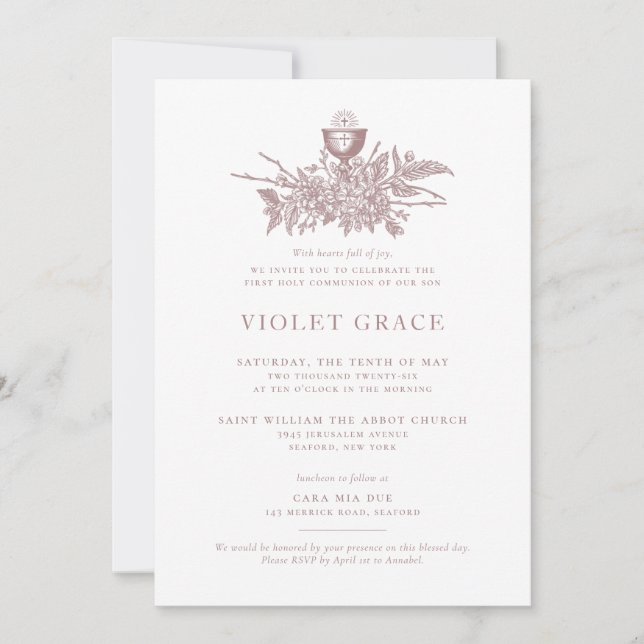 Pink Vintage Floral Communion Invitation (Front)