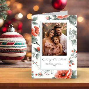 Pink Vintage Floral Folded Holiday Card with Photo