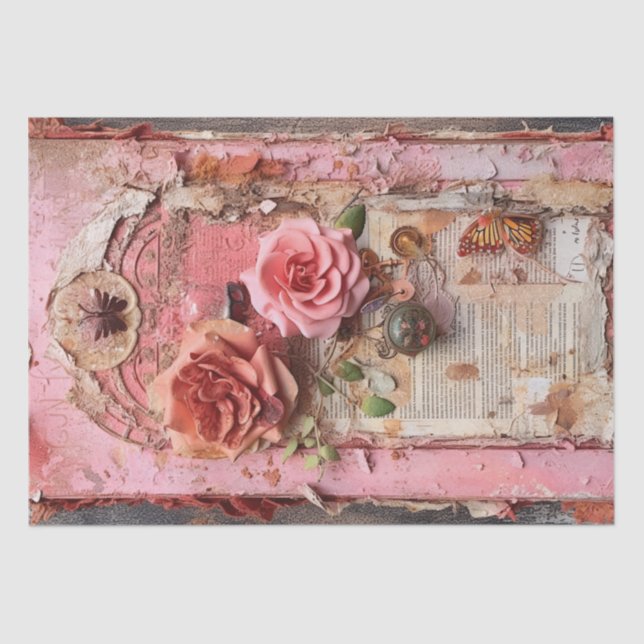 Pink Vintage Floral Grunge Decoupage Tissue Paper (Front)
