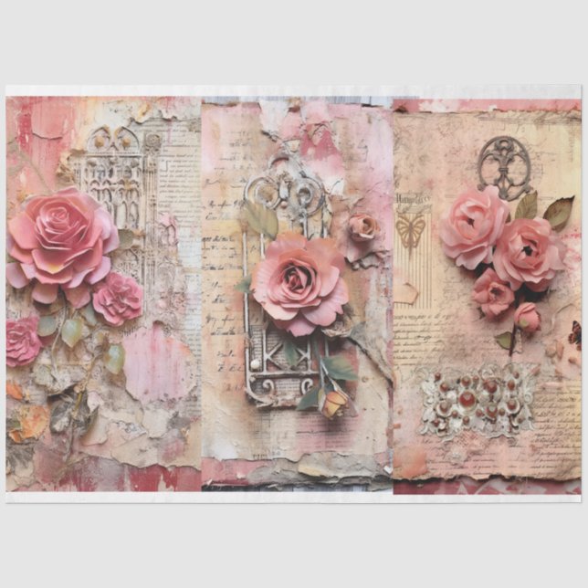 Pink Vintage Floral Grunge Decoupage Tissue Paper (Front)
