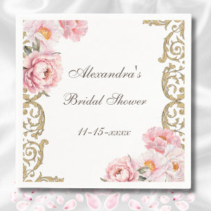 Pink Vintage Floral Peony Bridal Shower Napkin