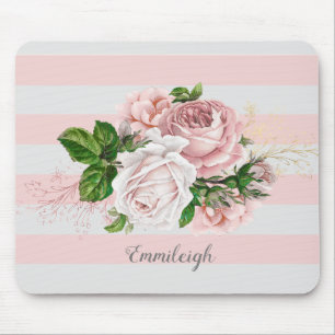 Pink Vintage Floral Striped Mouse Pad