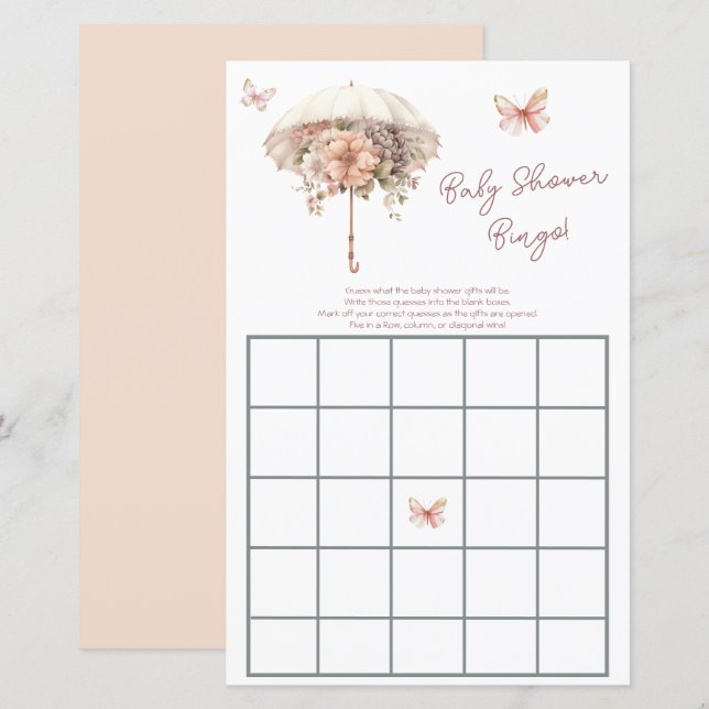 Pink Vintage Floral Umbrella Baby Shower Bingo (Front/Back)