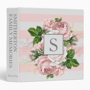Pink Vintage Floral White Striped Scrapbook Memory Binder