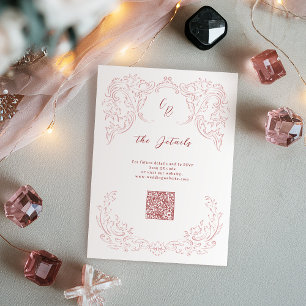 Pink Vintage Flourish Monogram Wedding Details Enclosure Card