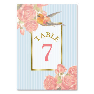 Pink Vintage Flower Bird Wedding Table Number Card