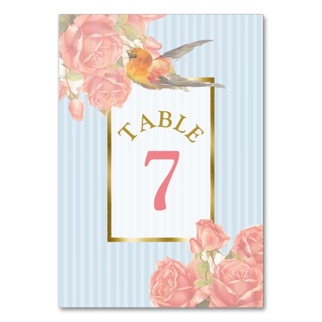 Pink Vintage Flower Bird Wedding Table Number Card (Front)