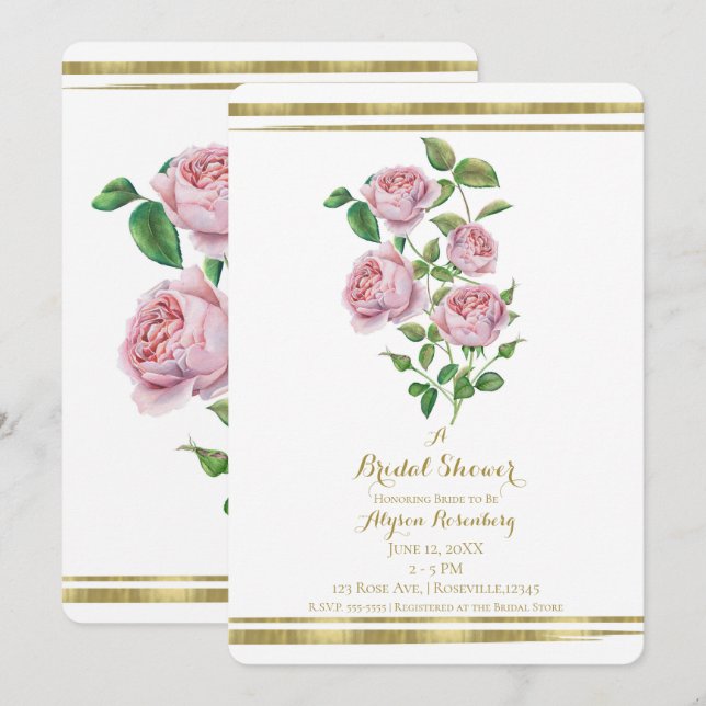 Pink Vintage Flowers Botanical Gold Bridal Shower Invitation (Front/Back)
